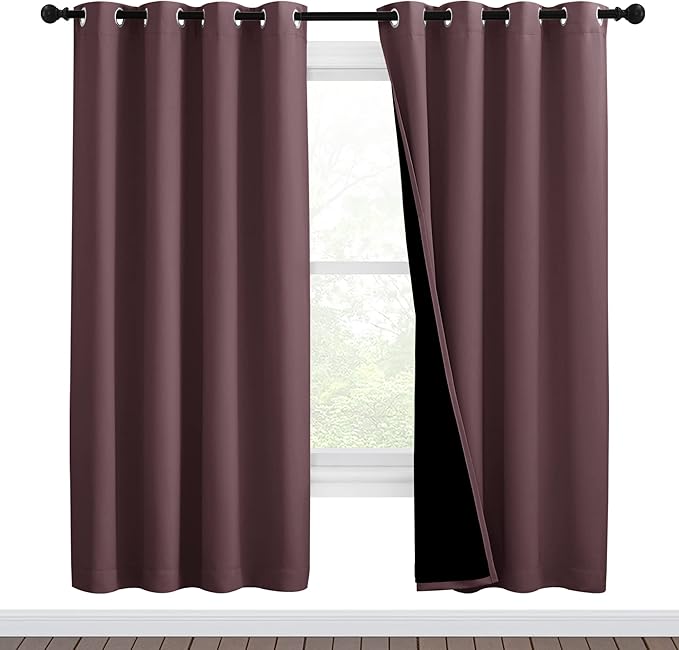 NICETOWN Living Room Completely Shaded Draperies, Privacy Protection & Noise Reducing Ring Top Drapes, Black Lined Insulated Window Treatment Curtain Panels (Dry Rose, 2 Pieces, W46 x L72)
