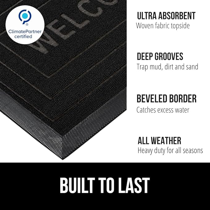 GORILLA GRIP 100% Waterproof All-Season WeatherMAX Doormat, US Designed Natural Rubber, Stain and Fade Resistant, Low Profile Indoor Outdoor Door Mats, Easy Clean Patio Mat, 29x17, Black Welcome