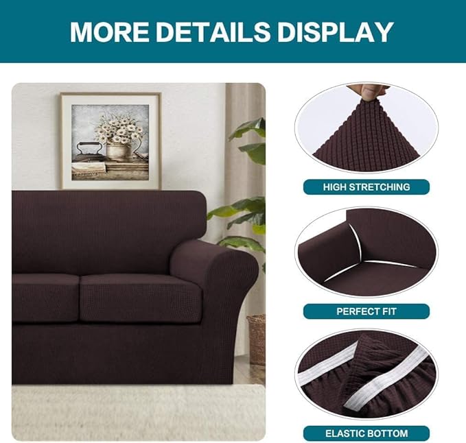 Turquoize 4 Piece Sofa Covers for 3 Cushion Couch Sofa Slipcover Soft Couch Cover for Dogs Washable Furniture Cover with 3 Individual Large Cushion Covers Feature Fabric (Large Sofa, Brown)