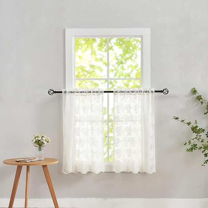 YJ YANJUN Vintage Lace Curtains Short 2 Panels Victorian Floral Farmhouse Cafe 30 inch Curtains for Basement, Kitchen, Bathroom, Laundry Room Small Window Privacy Rod Pocket 26" x 30" Cream