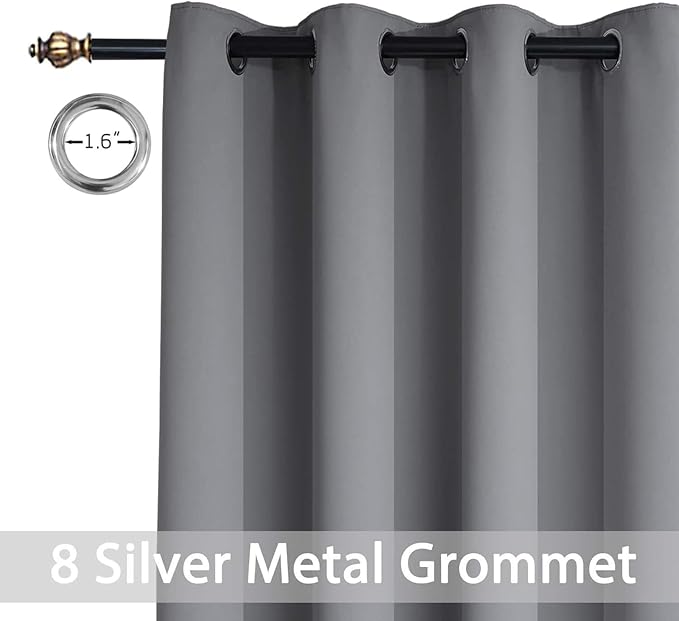 Yakamok Blackout Curtains Room Darkening Thermal Insulated Window Panels,Solid Grommet Top Drapes for Bedroom/Living Room(52Wx90L, Grey, 2 Panels)