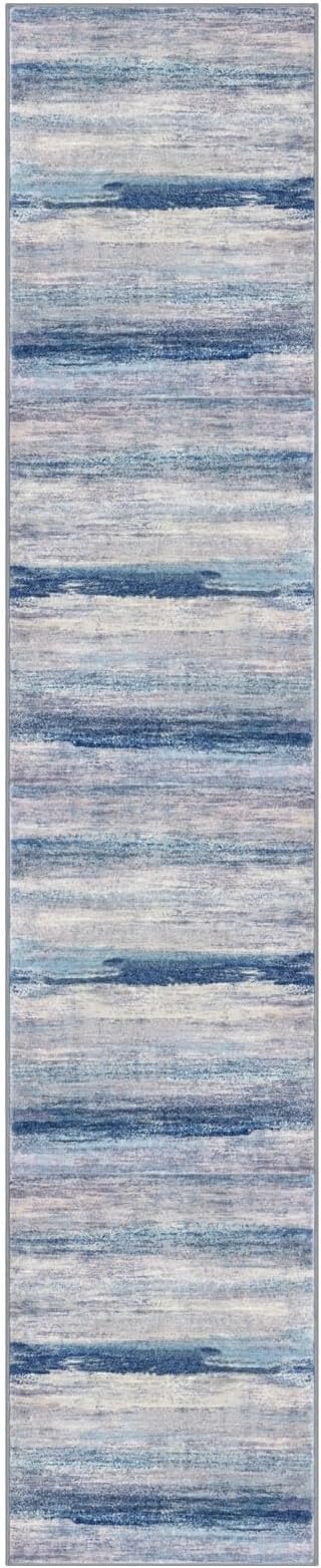 KOZYFLY Modern Abstract Kitchen Runner Rug, 2x10 Washable Rug Runner Non-Slip Soft Striped Hallway Runner Rugs, Blue/Grey/Beige Print Carpet Runner for Entryway Bathroom Laundry Room Foyer