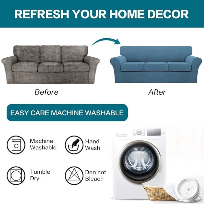 Turquoize 4 Piece Sofa Covers for 3 Cushion Couch Sofa Slipcover Soft Couch Cover for Dogs Washable Furniture Cover with 3 Individual Large Cushion Covers Feature Fabric (Large Sofa, Dusty Blue)