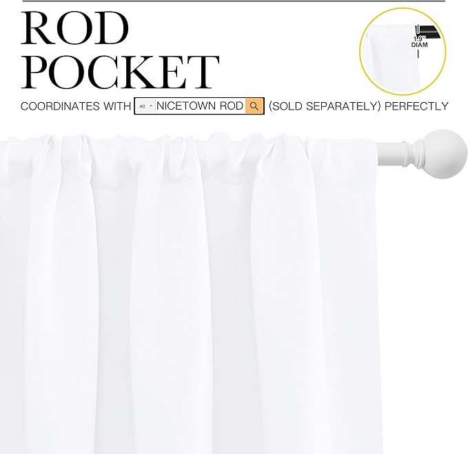 NICETOWN White Curtains, 50% Light Blocking Curtain Panels for Bedroom, Home Decoration Easy-Care Solid Rod Pocket Draperies/Drapes, Window Covering for Kitchen (2 Panels, 70 by 63, White)