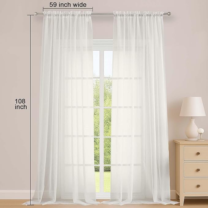OWENIE Ivory Sheer Curtains 108 Inches Long for Living Room Bedroom 2 Panels Set, Lightweight Airy Ivory Sheer Curtain, Filmy Voile Rod Pocket, 2 PCS, Each 59" W x 108" L