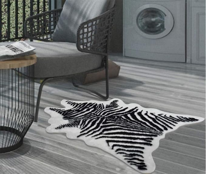 Zebra Print Rug Faux Animal Cowhide Skin Area Rug Leather Carpet Mat Small Size for Home Office Livingroom 3.1' x 3.6'