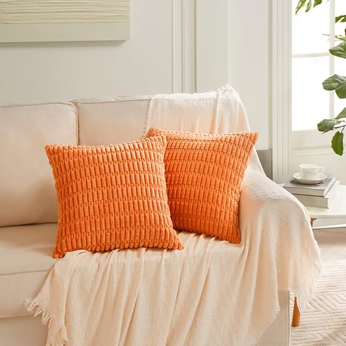 Fancy Homi 4 Packs Orange Fall Decorative Throw Pillow Covers 22x22 Inch for Couch Living Room Bed Sofa, Halloween Pumpkin Autumn Home Decor, Soft Cute Plush Corduroy Striped Cushion Case 55x55 CM