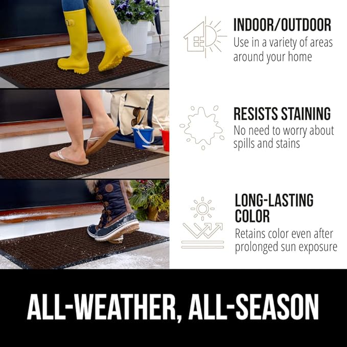 GORILLA GRIP 100% Waterproof All-Season WeatherMAX Doormat 35x23, US Designed Natural Rubber, Stain and Fade Resistant, Low Profile Indoor Outdoor Door Mats, Easy Clean Patio Mat, Coffee Squares