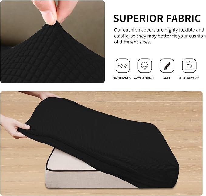 Easy-Going Stretch 3 Pieces Couch Cushion Covers for Sectional Sofa Left/Right L Shape Chaise Lounge Sofa Seat slipcover Anti-Slip Sofa Cover Soft (2 Seater + 1 Chaise, Black)
