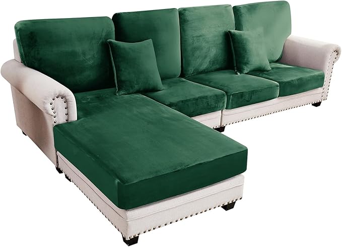 Couch Cover 4-Piece Elastic Velvet Couch Cushion Covers & Chaise Slipcovers for L-Shaped Sofas, Sofa Seat Covers Washable, Soft Cover for Couches (3 Seater + Chaise, Christmas Green)