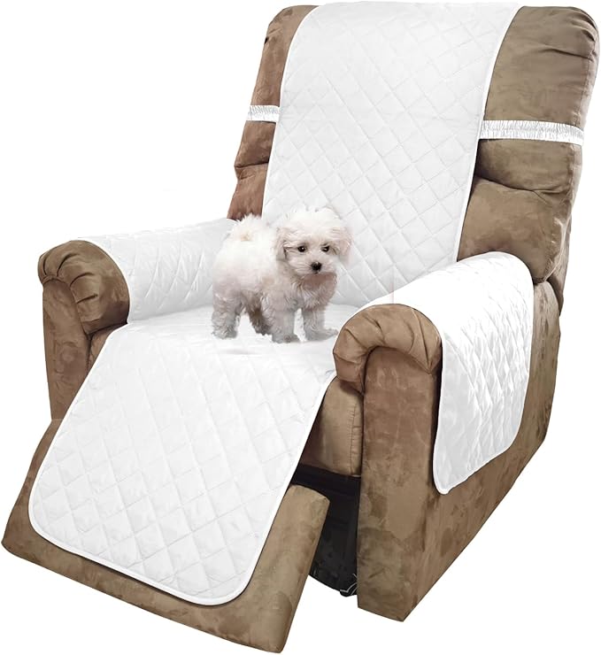 U-NICE HOME Recliner Chair Covers Reversible Quilted Water Repellent Pet Protectors with Elastic Straps (23''Recliner Small, White/White)