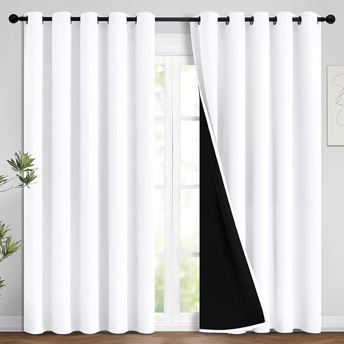 Yakamok 2 Thick Layers Pure White 100% Completely Blackout Curtains Thermal Insulated Room Darkening Drapes for Bedroom(62Wx96L, Pure White, One Pair)