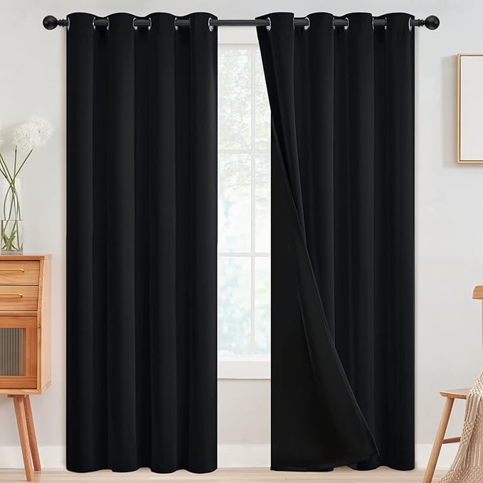 SimpleHome 100% Blackout Curtains for Bedroom,Thermal Insulated Grommet Window Drapes Room Darkening Black Curtains for Living Room with Black Back,52 x 84 Inch,2 Panels