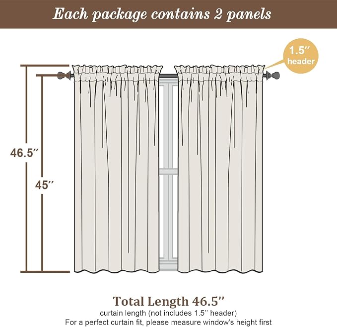 Chyhomenyc Cream Sheer Curtains 45 Inch Long 2 Panels, Short Voile Sheer Drapes for Dinning Small Windows Bathroom Living Room Bedroom, Rod Pocket, 42Wx45L Inches