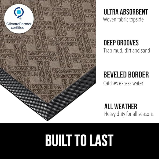 GORILLA GRIP 100% Waterproof All-Season WeatherMAX Doormat 35x23, US Designed Natural Rubber, Stain and Fade Resistant, Low Profile Indoor Outdoor Door Mats, Easy Clean Patio Mat, Taupe Basket Weave