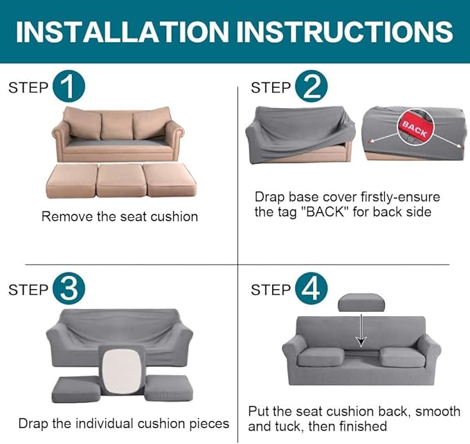 Turquoize 4 Piece Sofa Covers for 3 Cushion Couch Sofa Slipcover Soft Couch Cover for Dogs Washable Furniture Cover with 3 Individual Large Cushion Covers Feature Fabric (Large Sofa, Dove)