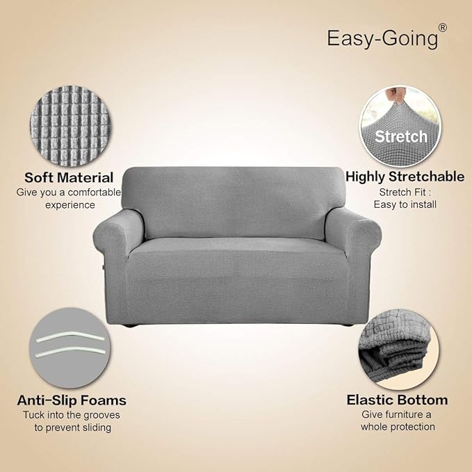 Easy-Going Stretch Oversized Sofa Slipcover 1-Piece Sofa Cover Furniture Protector Couch Soft with Elastic Bottom for Kids, Polyester Spandex Jacquard Fabric Small Checks Light Gray