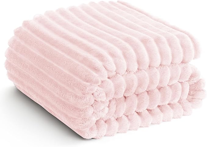 HIMEET Pink Ribbed Twin Blanket for Bed - 300GSM Lightweight Soft Fleece Blanket for Men Women, Cozy Blankets Graduation Birthday Gifts, Striped Spring Home School Dorm Decor, Pink, 60x80 Inches