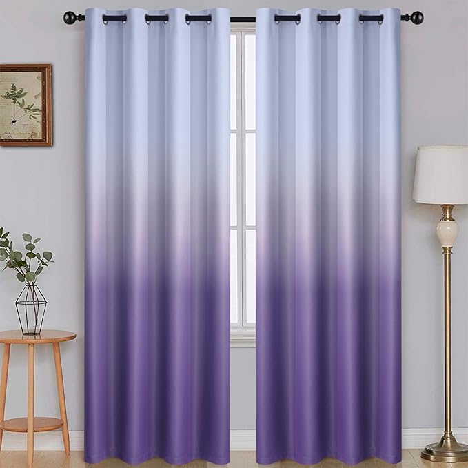 SimpleHome Ombre Room Darkening Curtains for Bedroom, Light Blocking Grey White to Lavender Purple Thermal Insulated Grommet Window Curtains/Drapes for Living Room,2 Panels, 52x84 inches Length