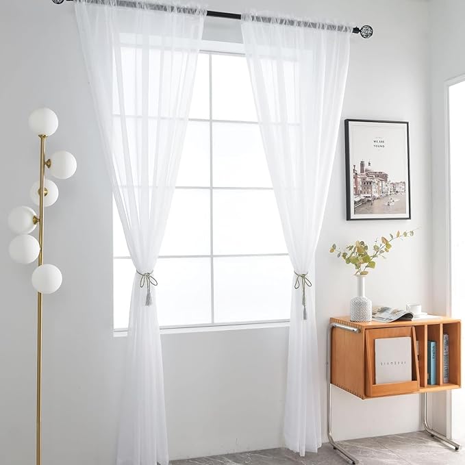 SpaceDresser Sheer White Curtains 4 Panels Rod Pocket Semi-Sheer Curtain 84 Inches Long Light Filtering Voile Window Drapes for Bedroom Living Room Kitchen, Each 52W x 84L