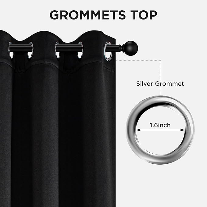 Joydeco Blackout Curtains 90 Inches Long 1 Panel, Thermal Insulated Long Curtains& Drapes 1 Piece, Room Darkening Grommet Drapes for Living Room Bedroom Window (W70 x L90 Inch, Black)