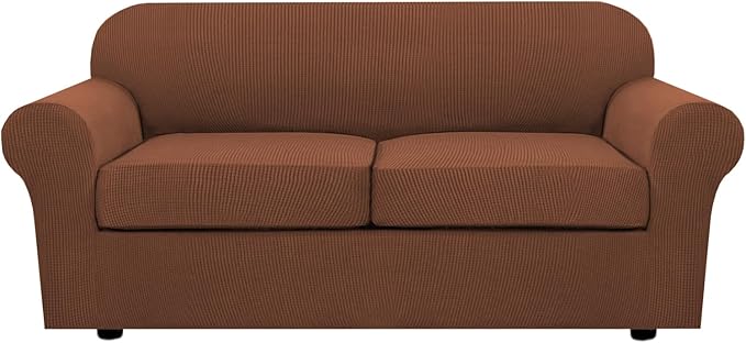 H.VERSAILTEX 3 Piece Stretch Sofa Covers for 2 Cushion Sofa Couch Covers for Living Room Sofa Slipcovers (Base Cover Plus 2 Seat Cushion Covers) Thicker Jacquard Fabric(Large Sofa, Caramel)
