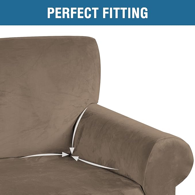 H.VERSAILTEX Stretch Velvet Sofa Covers for 3 Cushion Couch Covers Furniture Protector Soft with Non Slip Elastic Bottom, Crafted from Thick Comfy Rich Velour (Sofa 72"-90", Coco Mocha)