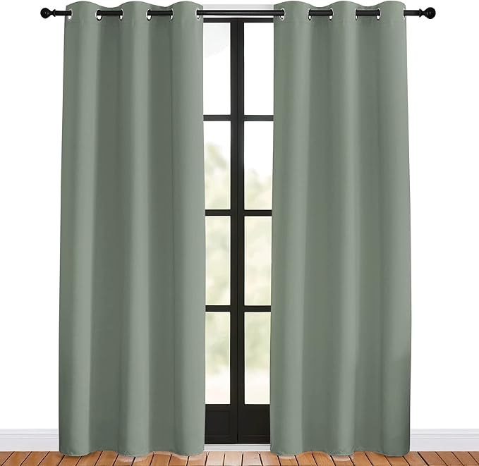 NICETOWN Window Curtain Panels, Greyish Green, 1 Pair, 42 by 80-inch, Thermal Insulated Solid Grommet Blackout Draperies/Drapes for Basement