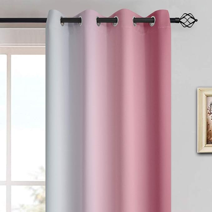 Yakamok Room Darkening Gradient Color Ombre Curtains 84 Inch Length, Thermal Insulated Grommet Window Drapes for Living Room/Bedroom (Pink and Greyish White, 2 Panels, 52x84 Inch)