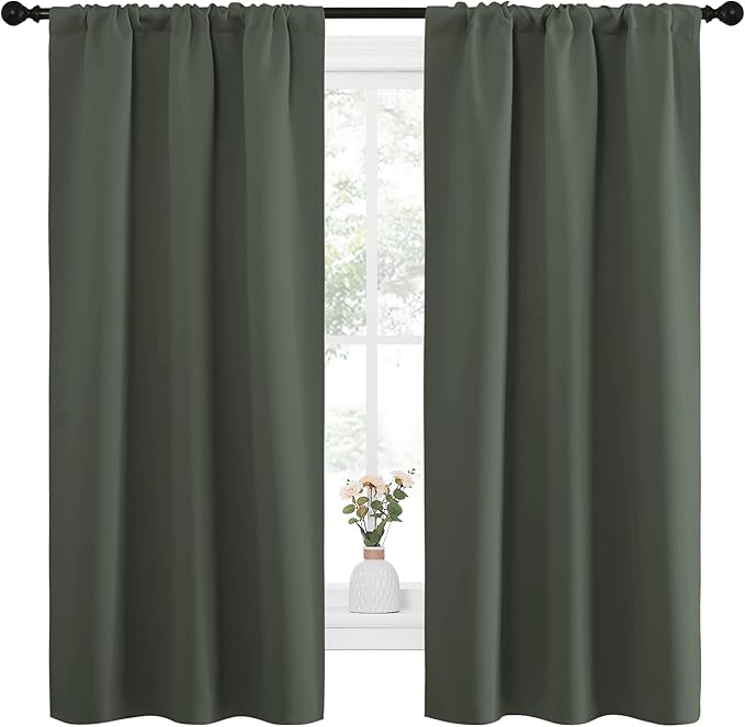 NICETOWN Bedroom Curtains Blackout Draperies - All Season Thermal Insulated Solid Rod Pocket Top Blackout Curtains/Drapes for Kid's Room (Dark Mallard, 1 Pair, 34 x 63 Inch)
