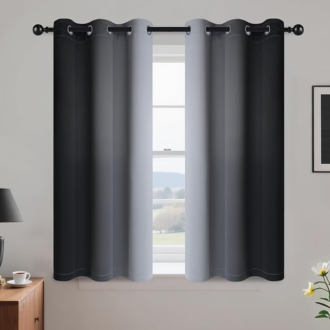Yakamok Room Darkening Ombre Curtains 45 Inch Length, Black and Greyish White Thermal Insulated Gradient Color Curtains,Light Blocking Grommet Window Drapes for Bedroom,42 Inch Width,2 Panels