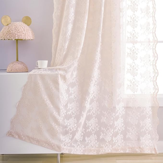 YJ YANJUN Vintage Lace Curtains 84 Inches Long-Victorian Floral Dusty Pink Sheer Curtain Panels for Living Room Bedroom Dining Room, Light Filtering, Shabby Chic Girls Drapes 2 Panels 52W x 84L