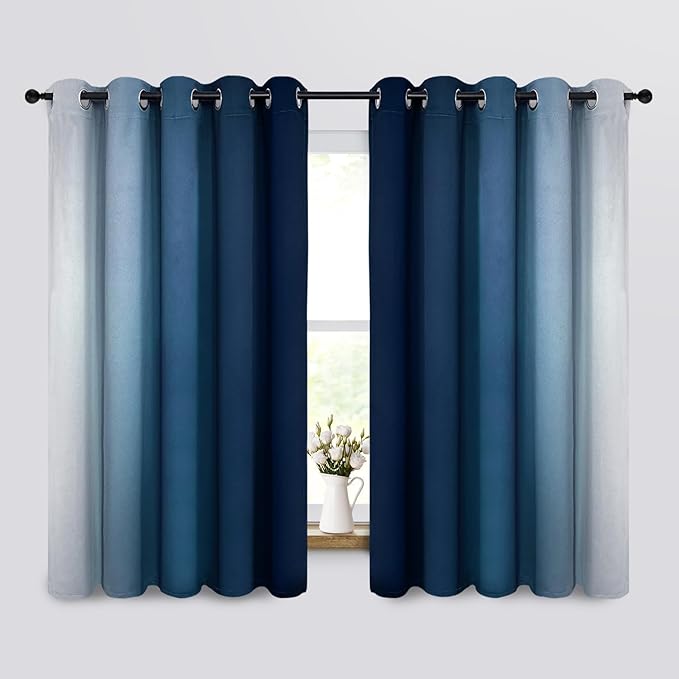 Yakamok Blue Ombre Curtains Room Darkening Grommet Curtains for Bedroom, Light Blocking Thermal Insulated Window Drapes for Living Room(2 Panels, 62x63 Inch)