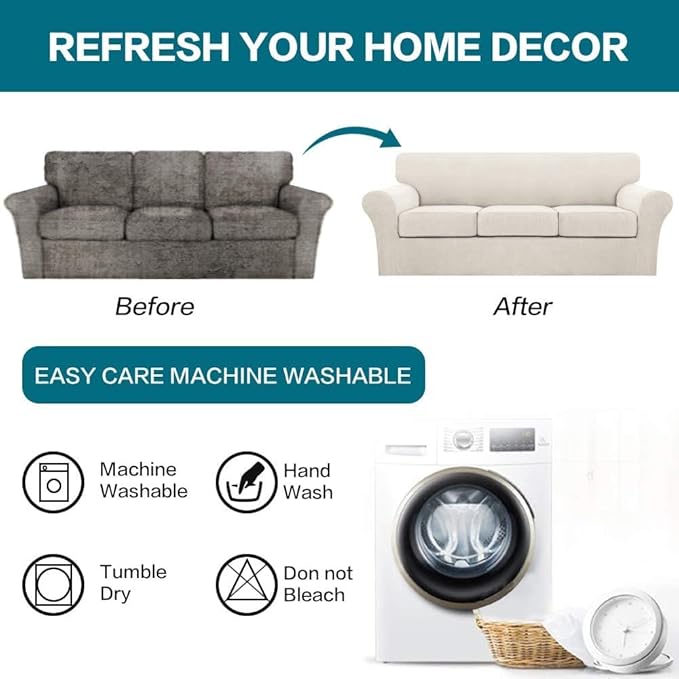 Turquoize 4 Piece Sofa Covers for 3 Cushion Couch Sofa Slipcover Soft Couch Cover for Dogs Washable Furniture Cover with 3 Individual Large Cushion Covers Feature Fabric (Large Sofa, Ivory)