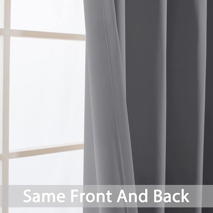 Yakamok Blackout Curtains Room Darkening Thermal Insulated Window Panels,Solid Grommet Top Drapes for Bedroom/Living Room(52Wx90L, Grey, 2 Panels)