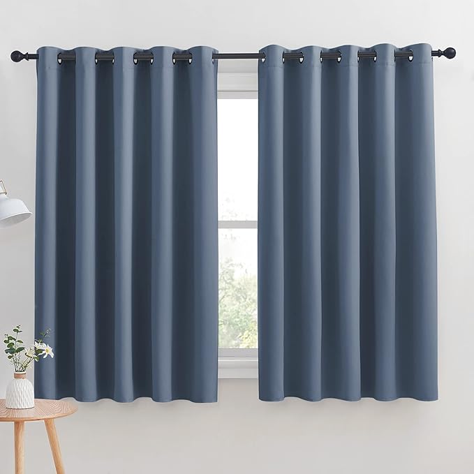 NICETOWN Thermal Insulated Curtains Blackout Draperies, Window Treatment Solid Grommet Room Darkening Drape Panels for Bedroom (Stone Blue, Set of 2, 70 by 63 inches Long)