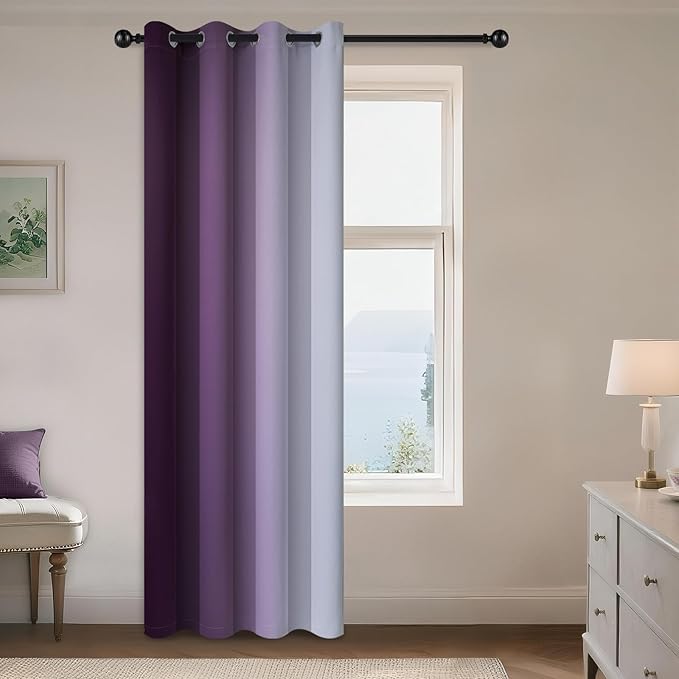 Yakamok Purple and Greyish White Ombre Curtain, Gradient Color Purple to White Curtain for Bedroom, Light Blocking Thermal Insulated Window Drape for Living Room(1 Panel, 52x84 Inch)