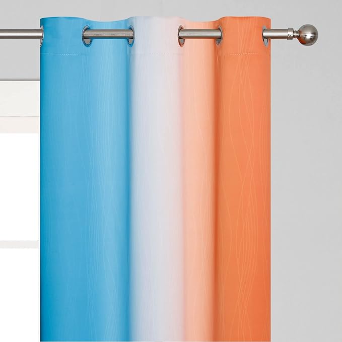 Thermal Insulated Blue and Orange Curtains for Living Room, Complete Light Blocking Ombre Blackout Curtains for Bedroom, Full Room Darkening Gradient Grommet Drapes for Boy Room, 42x84 Inch, 2 Panels