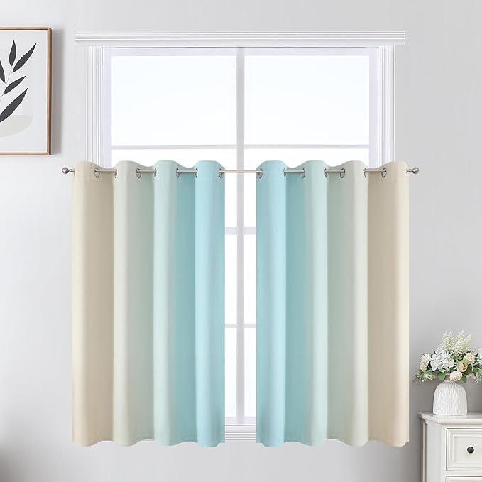 Estelar Textiler Beige and Aqua Ombre Short Blackout Cafe Curtains 36 Inch Length, Thermal Insulated Grommet Small Half Window Drapes for Kitchen/Basement/RV Camper, 52Wx36L, 2 Panels
