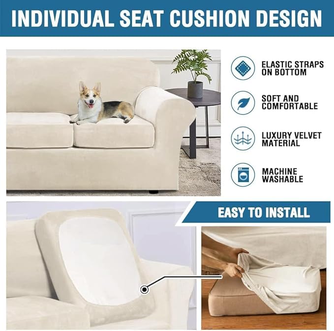 H.VERSAILTEX High Stretch Sofa Slipcover 4 Piece Cover Velvet Furniture Protector Form Fit Thick Velvet Extra Large Sofa Cover for 3 Cushion Couch Width Up to 97 Inch (Large Sofa, Ivory)