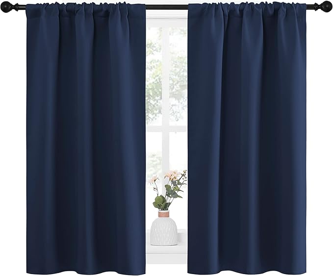 NICETOWN Kitchen Curtains, Short Blackout Curtains & Drapes, Thermal Insulated Rod Pocket Window Treatment Draperies for Nursery (Navy, 34 in x 45 in (W x L), Set of 2)