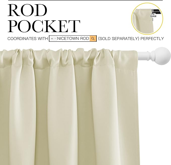 NICETOWN Blackout Curtains for Bedroom, Home Decorations Thermal Insulated Solid Rod Pocket Blackout Drapes for Cafe (Beige, One Pair, 70 x 63-inch)
