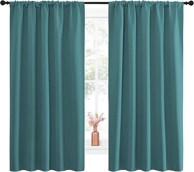 NICETOWN Kitchen Window Curtain Set - Window Treatment Thermal Insulated Solid Room Darkening Rod Pocket Drapes for Bedroom (Sea Teal, Set of 2, 52 by 63 inches Long)