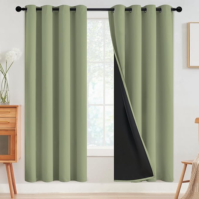 SimpleHome 100% Blackout Curtains for Bedroom,Thermal Insulated Sage Grommet Window Drapes Room Darkening Curtains for Living Room with Black Back,52 x 72 Inch,2 Panels