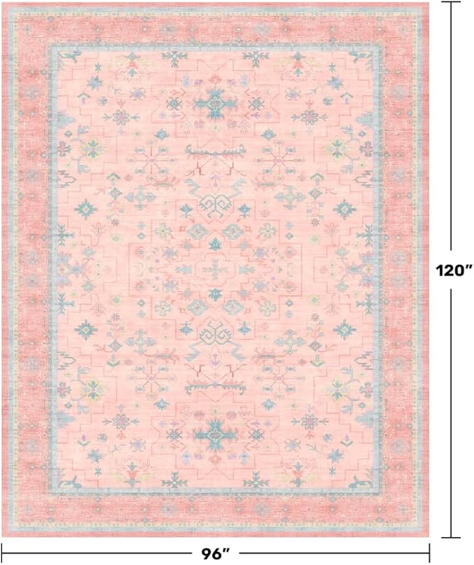 Washable Pink and Blue 8x10 Oushak Rugs for Bedroom Girls Dorm Living Room, Modern Floral Aethestic Distressed Design, Soft Faux Wool Low Pile Non Slip Stain Resistance Carpet