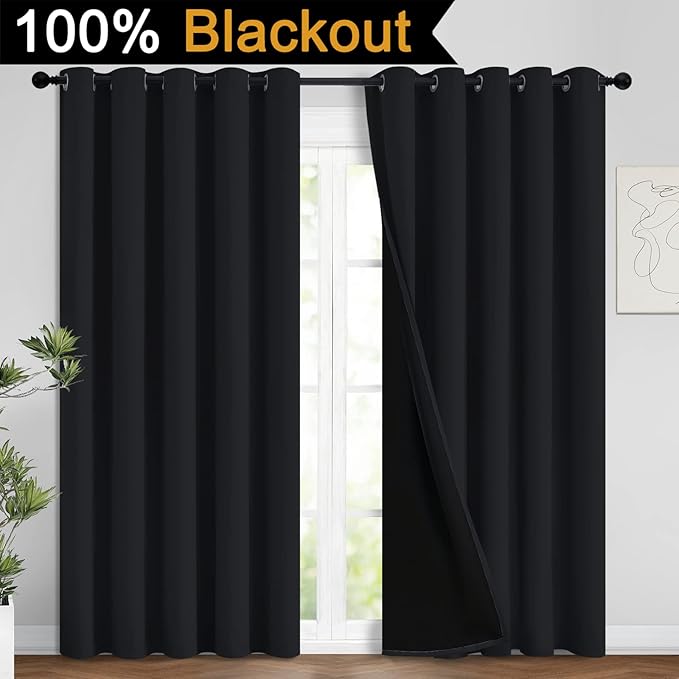 Yakamok 100% Blackout Curtains for Bedroom, 2 Thick Layers Thermal Insulated Grommet Total Blackout Drapes with Black Liner for Living Room (62Wx96L,Black, 2 Panels)