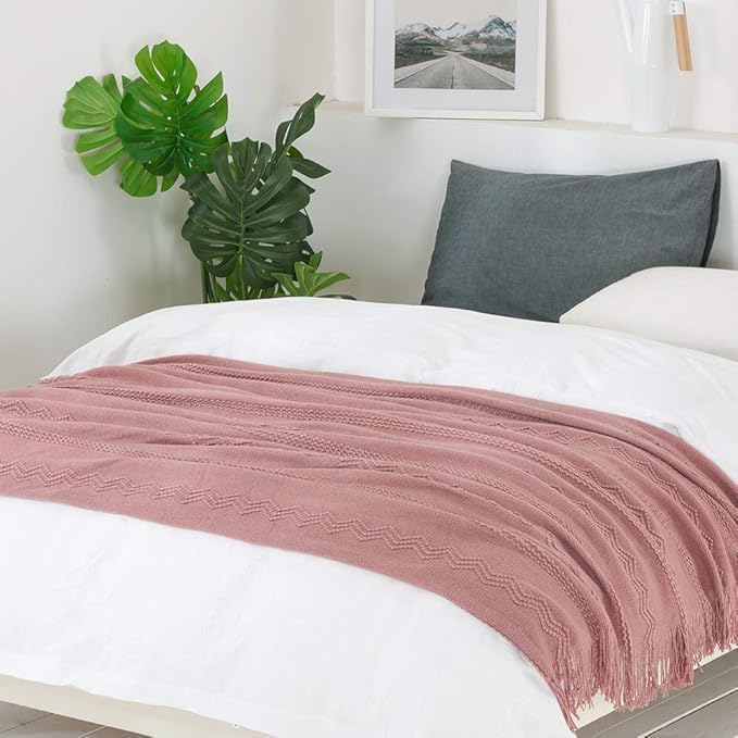 BOURINA Coral Pink Throw Blanket 60 x80 Inches Textured Solid Soft Sofa Throw Bed Runner Knitted Decorative Blanket