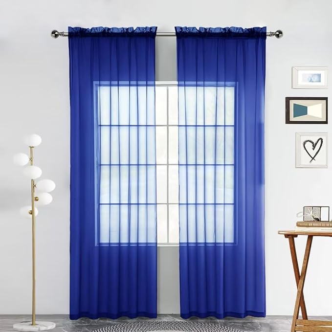 SpaceDresser Sheer Voile Window Treatment Rod Pocket Curtain Panels for Kitchen Bedroom Living Room Drapes Sunlight Filtering Privacy Semi Home Decor Assorted Colors Sizes (Sapphire, 52 W x 45 L)