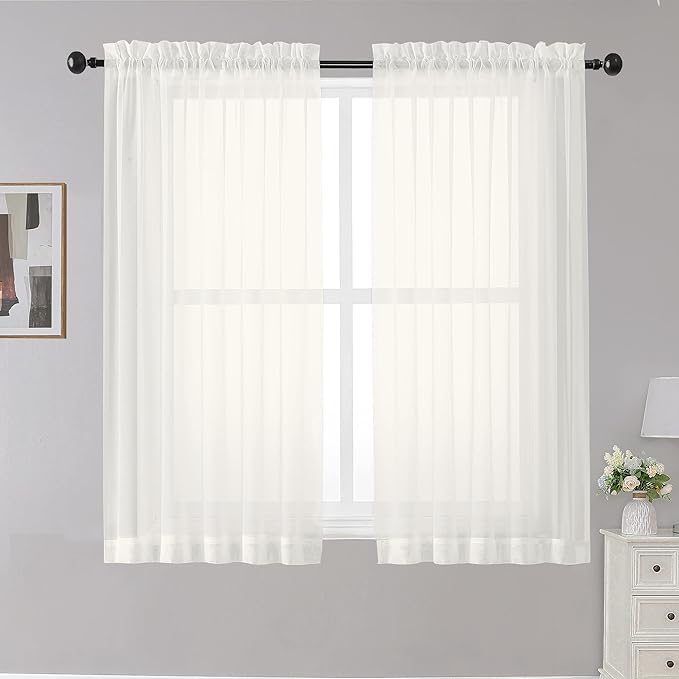 OWENIE Sheer Curtains Ivory, 45" Long Light Filtering Tiers for Kitchen, Bedroom, Short Panels Rod Pocket 2 Panels, Cafe Curtains Small Window, 42" W x 45" L