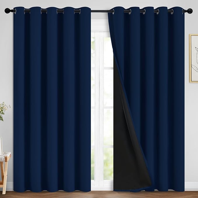 Yakamok Navy Blue 100% Blackout Curtains Energy Saving Thermal Insulated 2 Thick Layers Completely Blackout Drapes with Black Liner for Bedroom (70Wx84L, Navy Blue, 2 Panels)